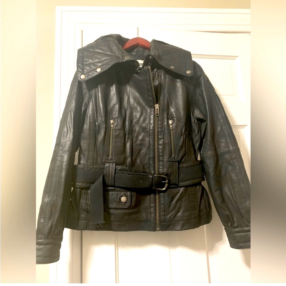 Topshop Women's Black Leather Jacket-size 8